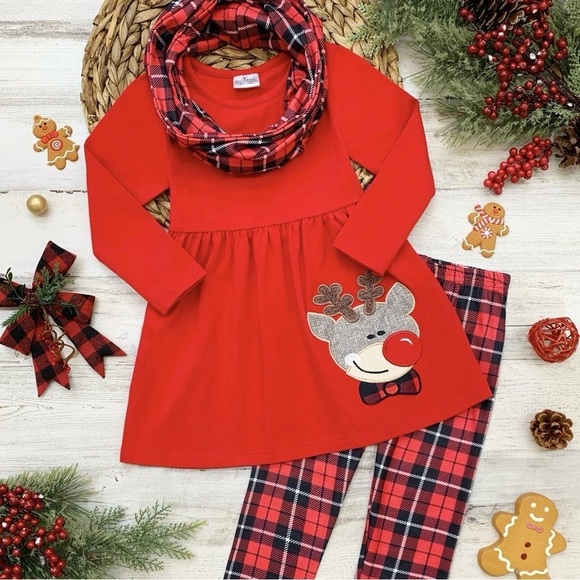 ✨3/$20✨ Mia Belle Girls Cutest Reindeer Tunic, Plaid Scarf & Legging Set. XXL - Picture 1 of 12